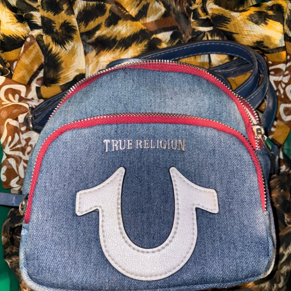 True Religion Blue and Red Denim Backpack